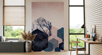 Minimalist wall mural design with intersecting navy hexagons and soft pink., GD10286