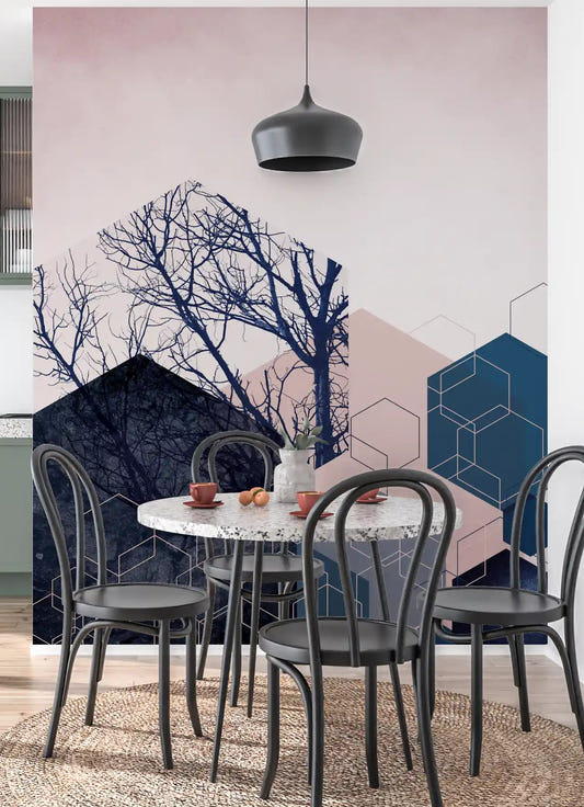Geometric Grove Midnight & Blush Wall Mural with blue and pink blocks in dining area.