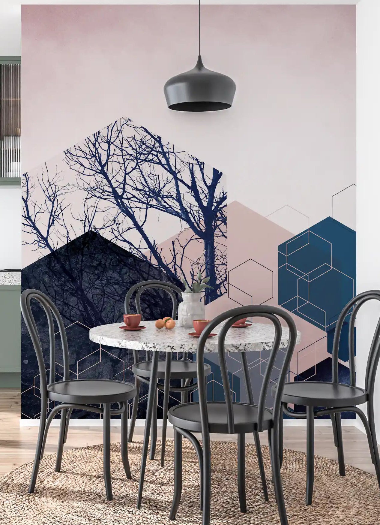 Geometric Grove Midnight & Blush Wall Mural with blue and pink blocks in dining area., GD10286
