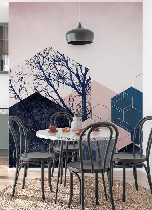 Geometric Grove Midnight & Blush Wall Mural with blue and pink blocks in dining area.