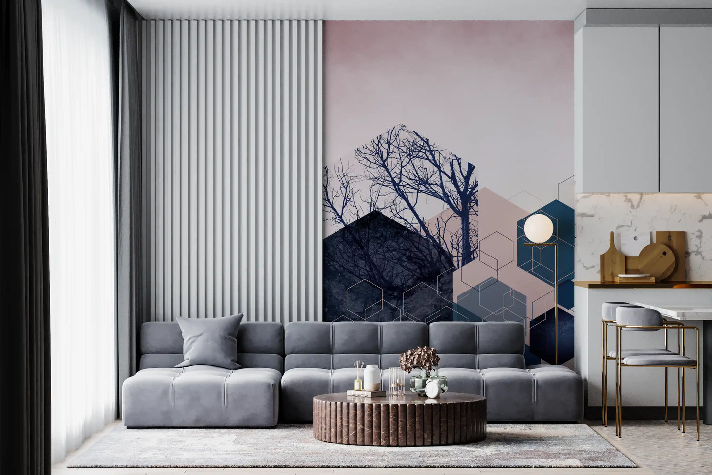 Geometric Grove Midnight & Blush Wall Mural showing deep blue forest motifs., GD10286