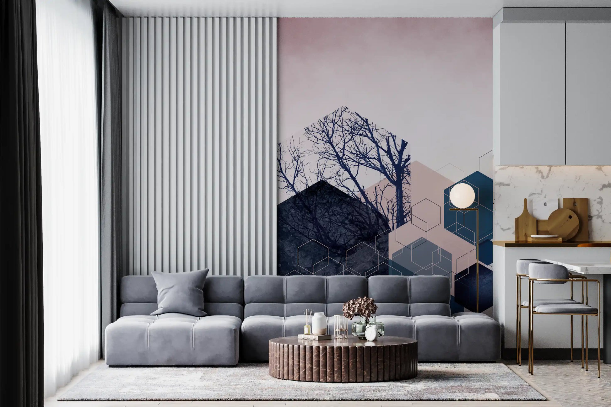 Geometric Grove Midnight & Blush Wall Mural showing deep blue forest motifs., GD10286