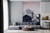 Geometric Grove Midnight & Blush Wall Mural showing deep blue forest motifs., GD10286
