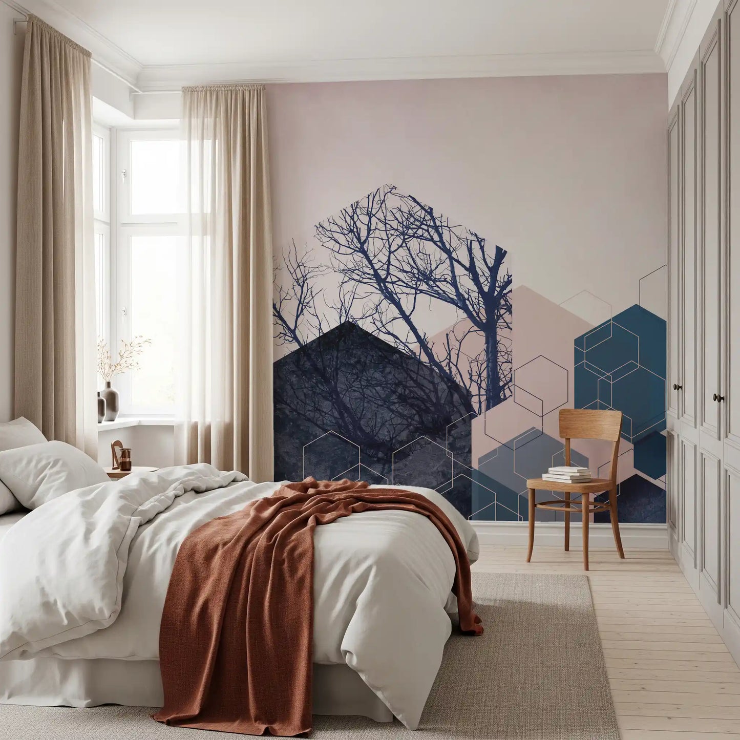Contemporary wall mural featuring layered navy blue and light pink hexagons., GD10286