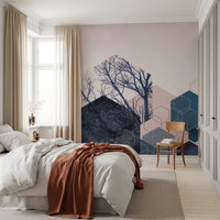 Contemporary wall mural featuring layered navy blue and light pink hexagons., GD10286