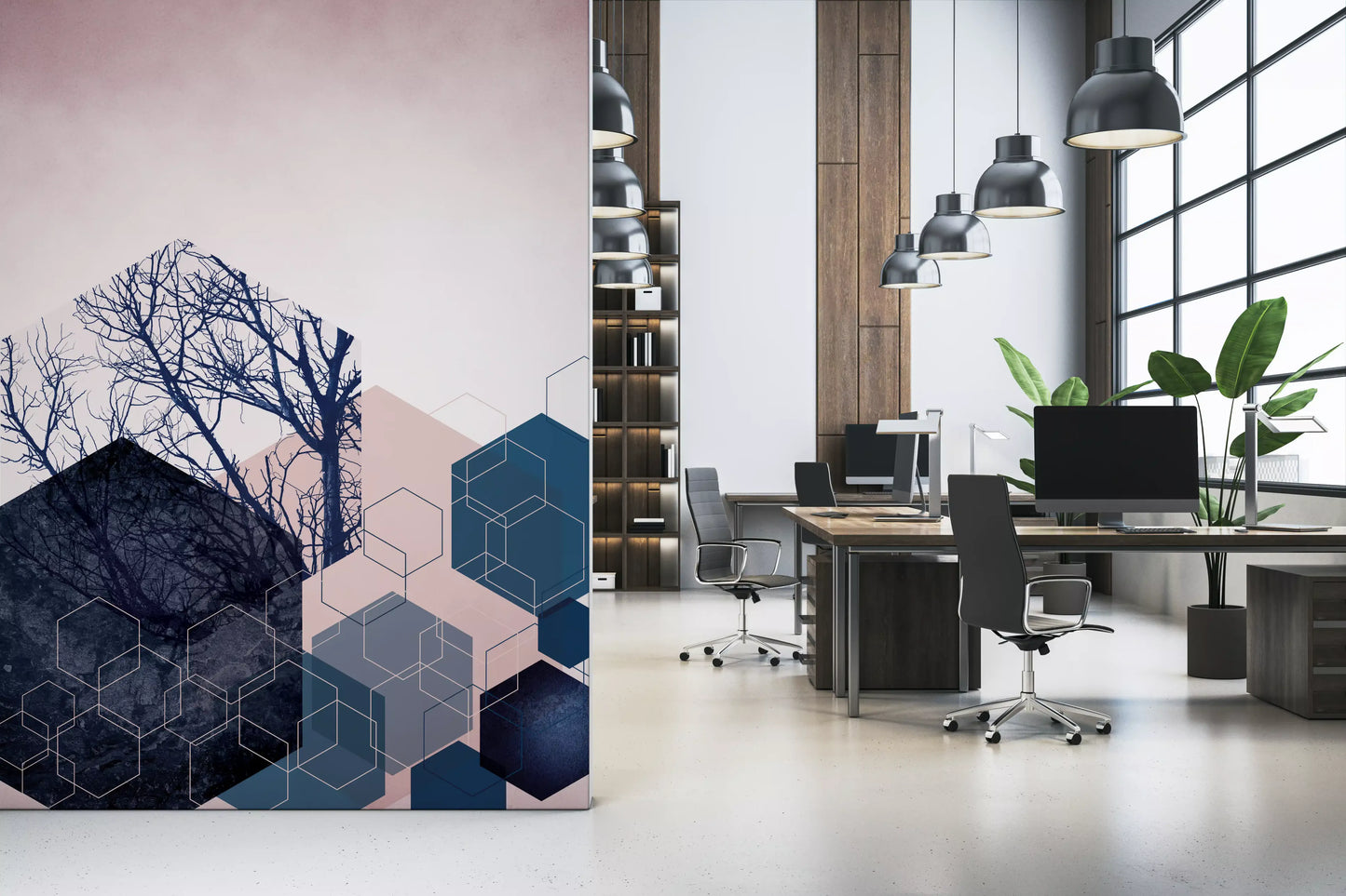 Office wall mural with clean lines and a dark blue tree silhouette., GD10286