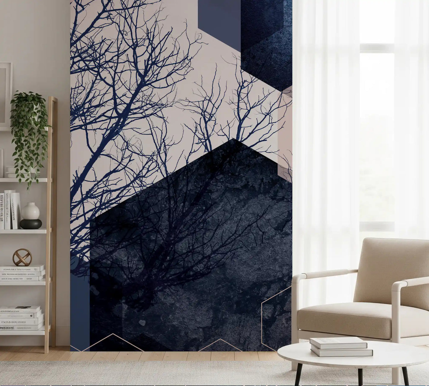 Hexagon overlay pattern wall mural with textured midnight panels, teal accents, and bare grove branches., GD10287