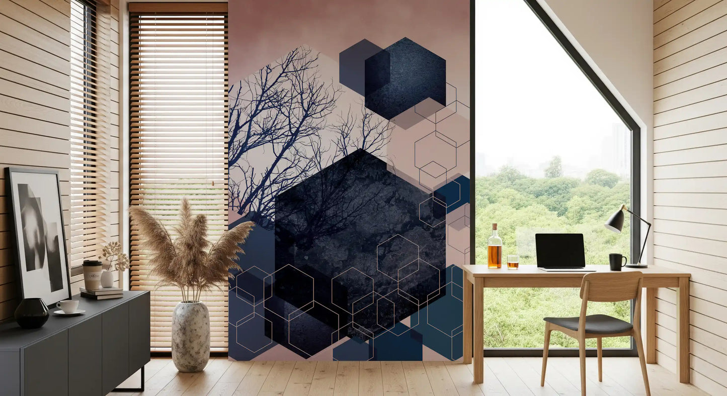Hexagonal grove wall mural mixing solid midnight, blush, and teal hexes with white outline shapes, GD10287