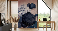 Hexagonal grove wall mural mixing solid midnight, blush, and teal hexes with white outline shapes, GD10287