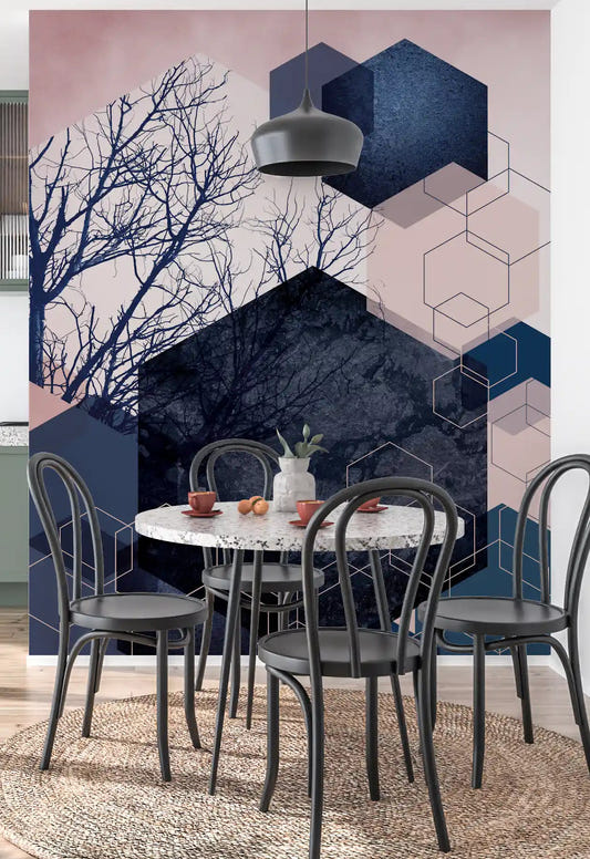 Geometric grove wall mural with bare tree silhouettes and hexagons in midnight, blush and teal in dining room.