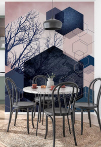 Geometric grove wall mural with bare tree silhouettes and hexagons in midnight, blush and teal in dining room., GD10287