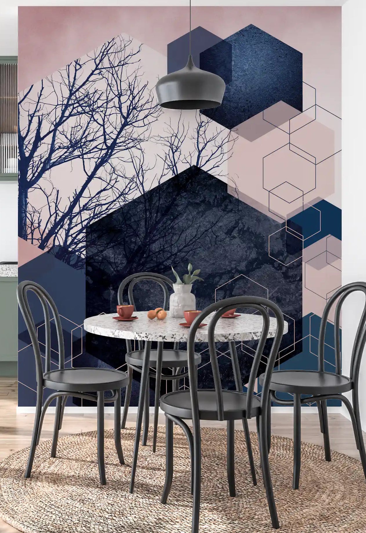 Geometric grove wall mural with bare tree silhouettes and hexagons in midnight, blush and teal in dining room., GD10287