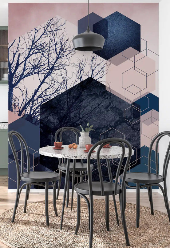 Geometric grove wall mural with bare tree silhouettes and hexagons in midnight, blush and teal in dining room., GD10287