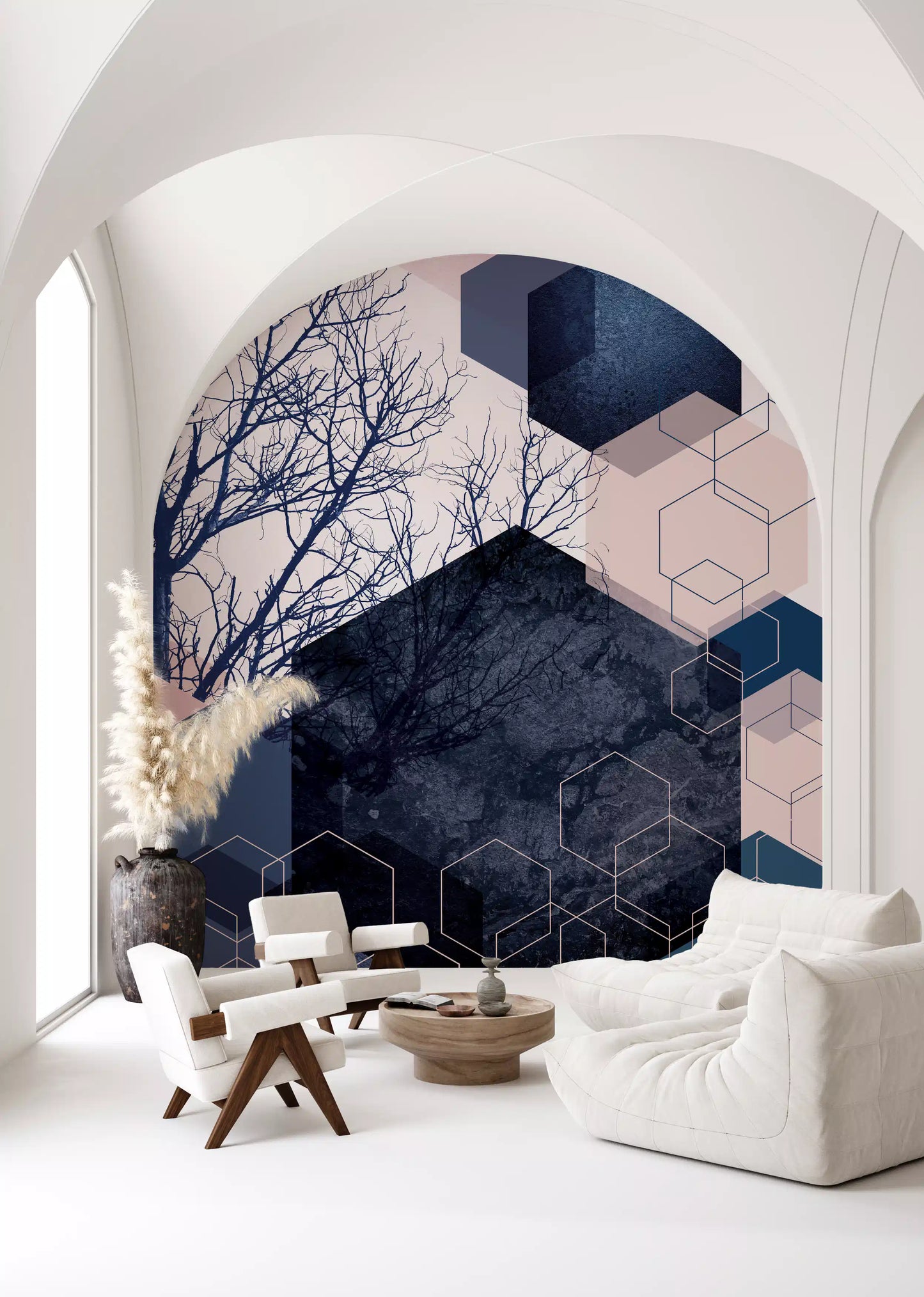 Wall mural showing Mixed-fill hexagons layered over leafless trees with a soft blush pink cloudy backdrop., GD10287
