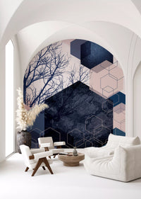 Wall mural showing Mixed-fill hexagons layered over leafless trees with a soft blush pink cloudy backdrop., GD10287