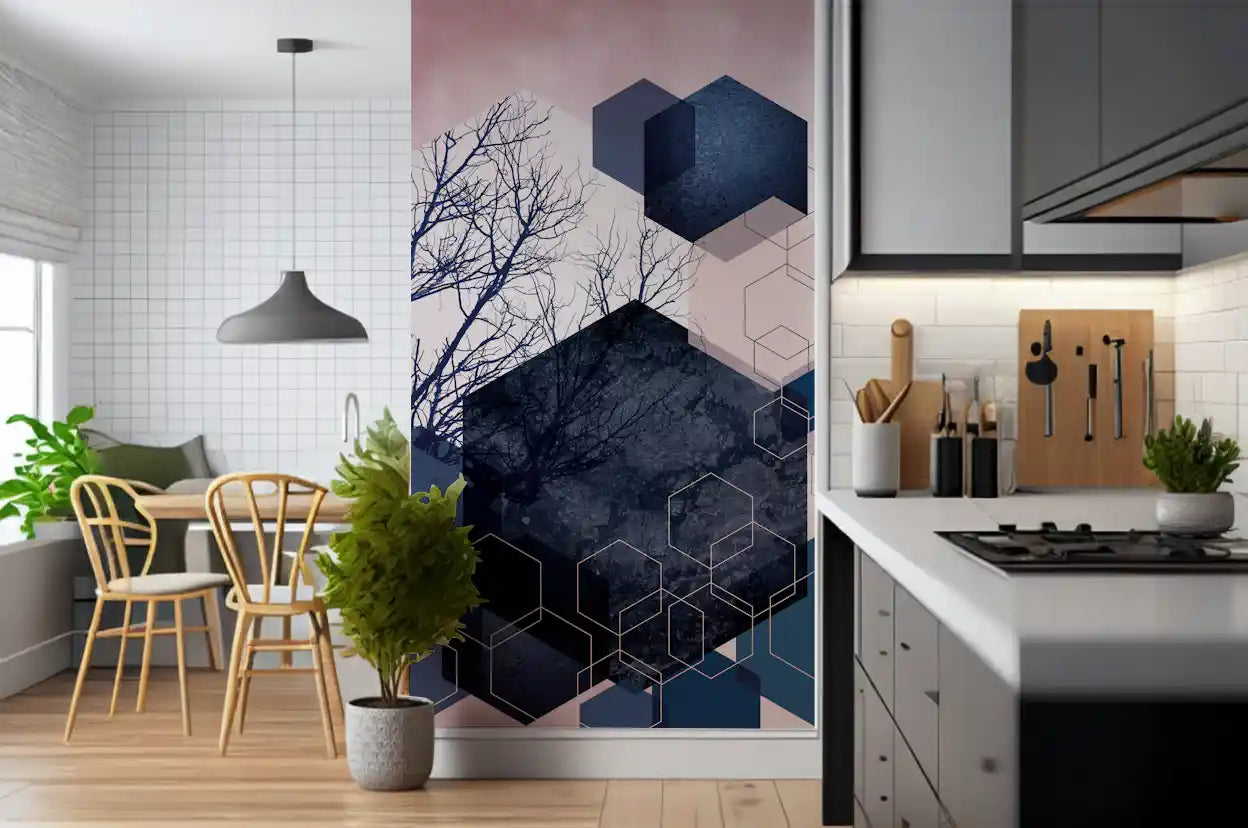 Geometric mural with deep midnight hexagons, blush sky, and tree silhouettes., GD10287