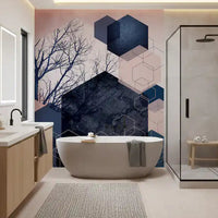 Bathroom wall featuring bare tree and hexagon mural in midnight blue and blush pink tones., GD10287