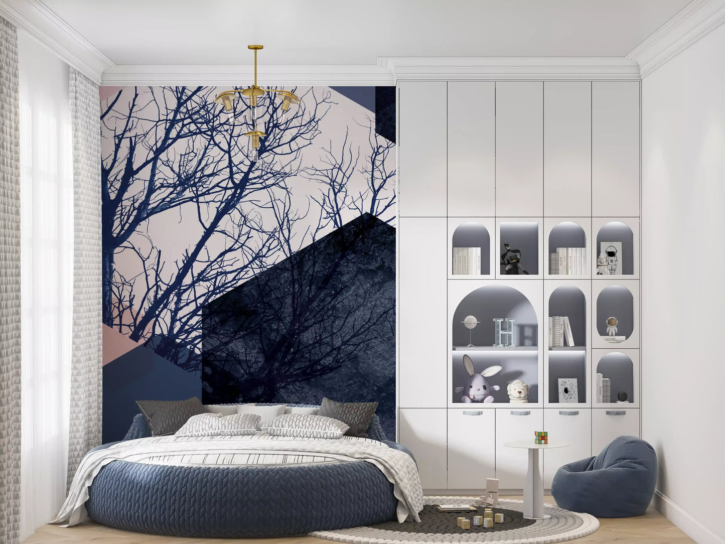 Abstract grove wall mural blending hexagonal geometry with winter tree shapes in midnight and blush., GD10287