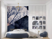 Abstract grove wall mural blending hexagonal geometry with winter tree shapes in midnight and blush., GD10287
