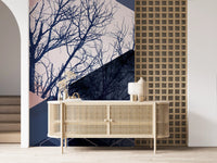 Bare tree branches mural in midnight navy crossed by floating hexagons in blush, teal, and cream., GD10287