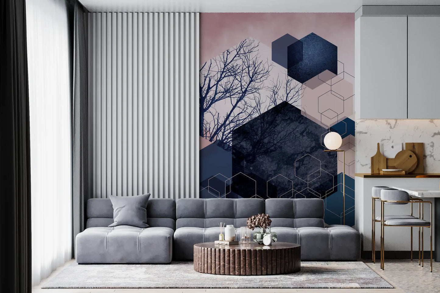 Living room wall styled with geometric grove wall mural in midnight, blush, and teal hexagon pattern., GD10287