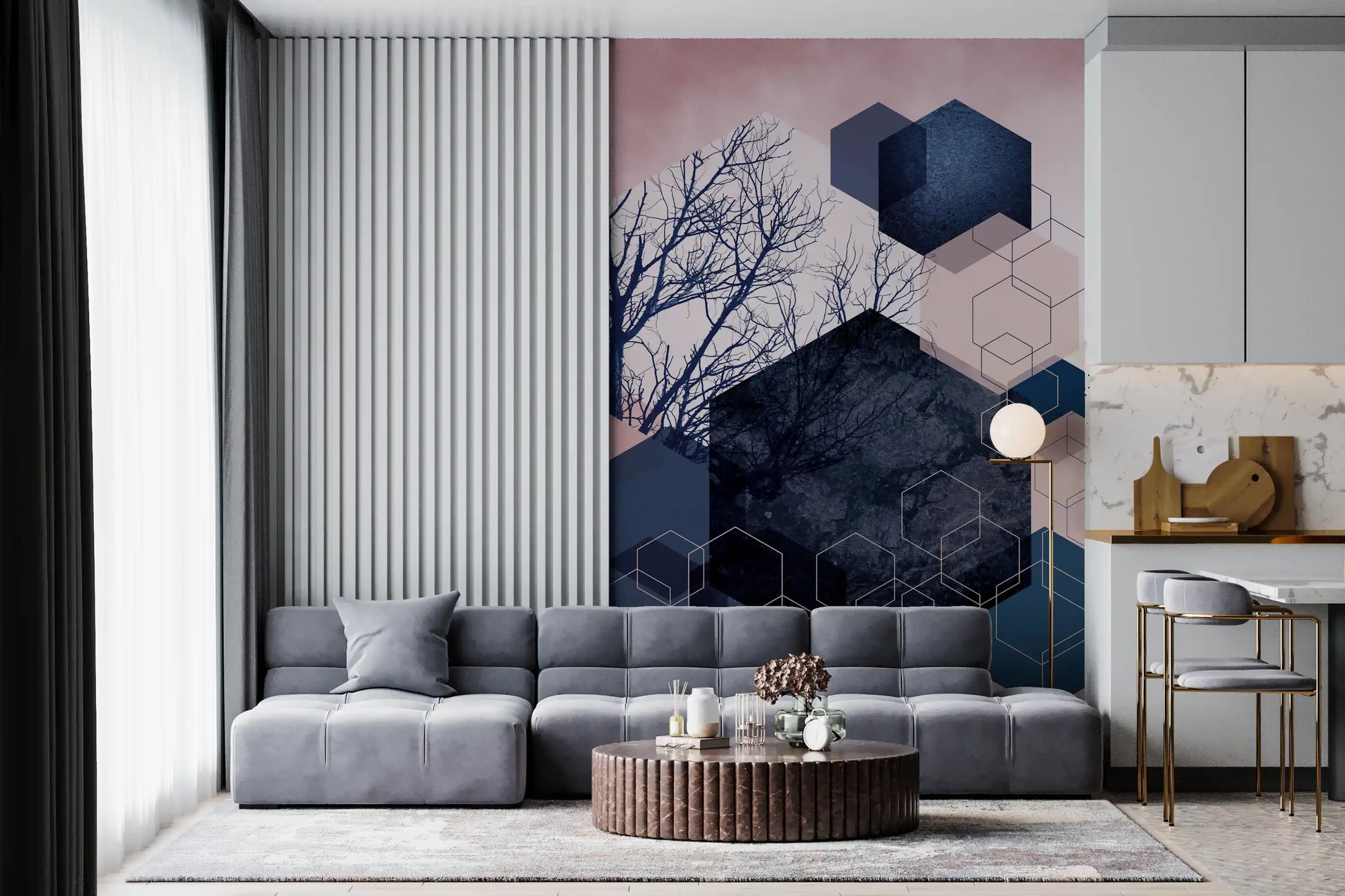 Living room wall styled with geometric grove wall mural in midnight, blush, and teal hexagon pattern., GD10287
