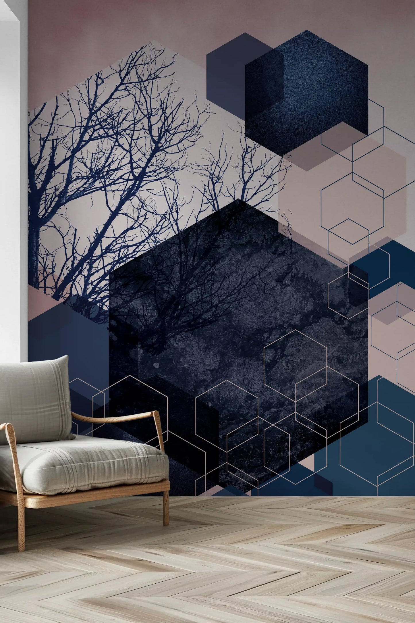 Layered hexagon wall mural with bare winter trees in midnight blue against a blush pink sky., GD10287