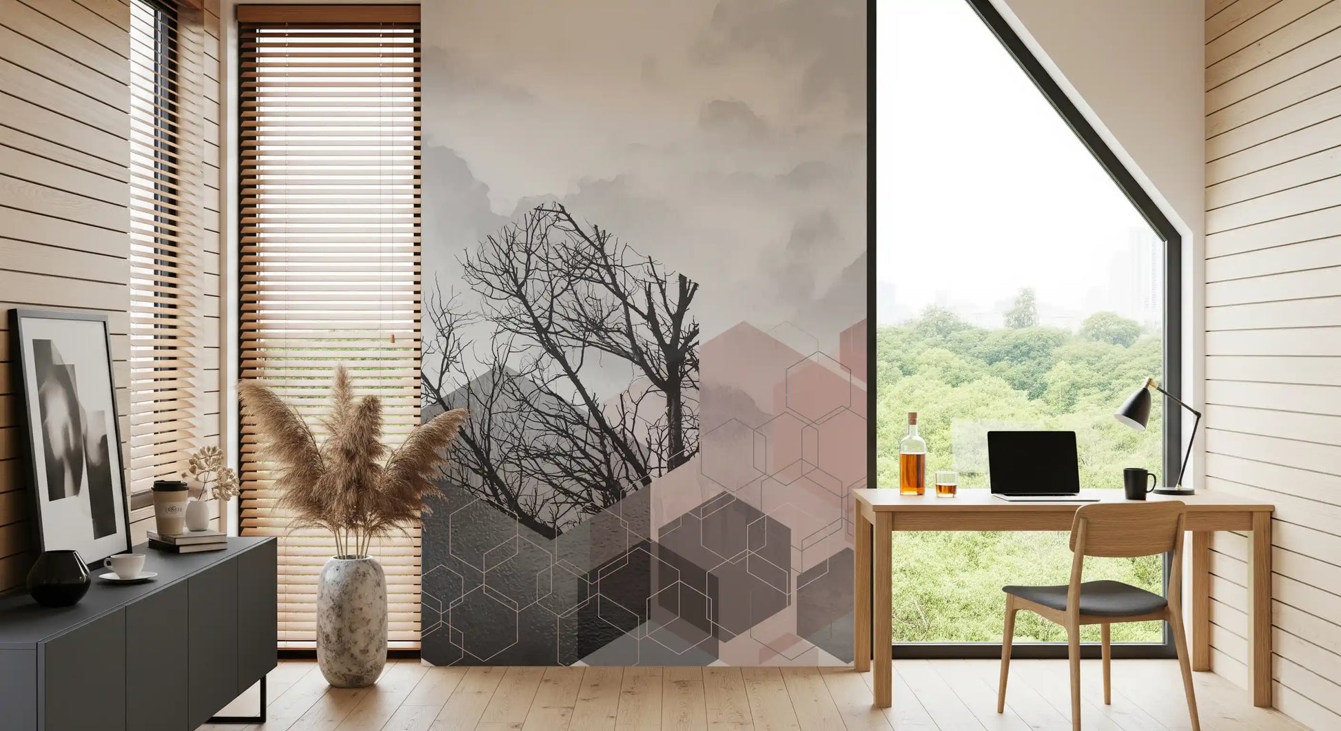 Abstract hexagon mural with blush pink fills, silver hexes and charcoal tree branches in study room., GD10288