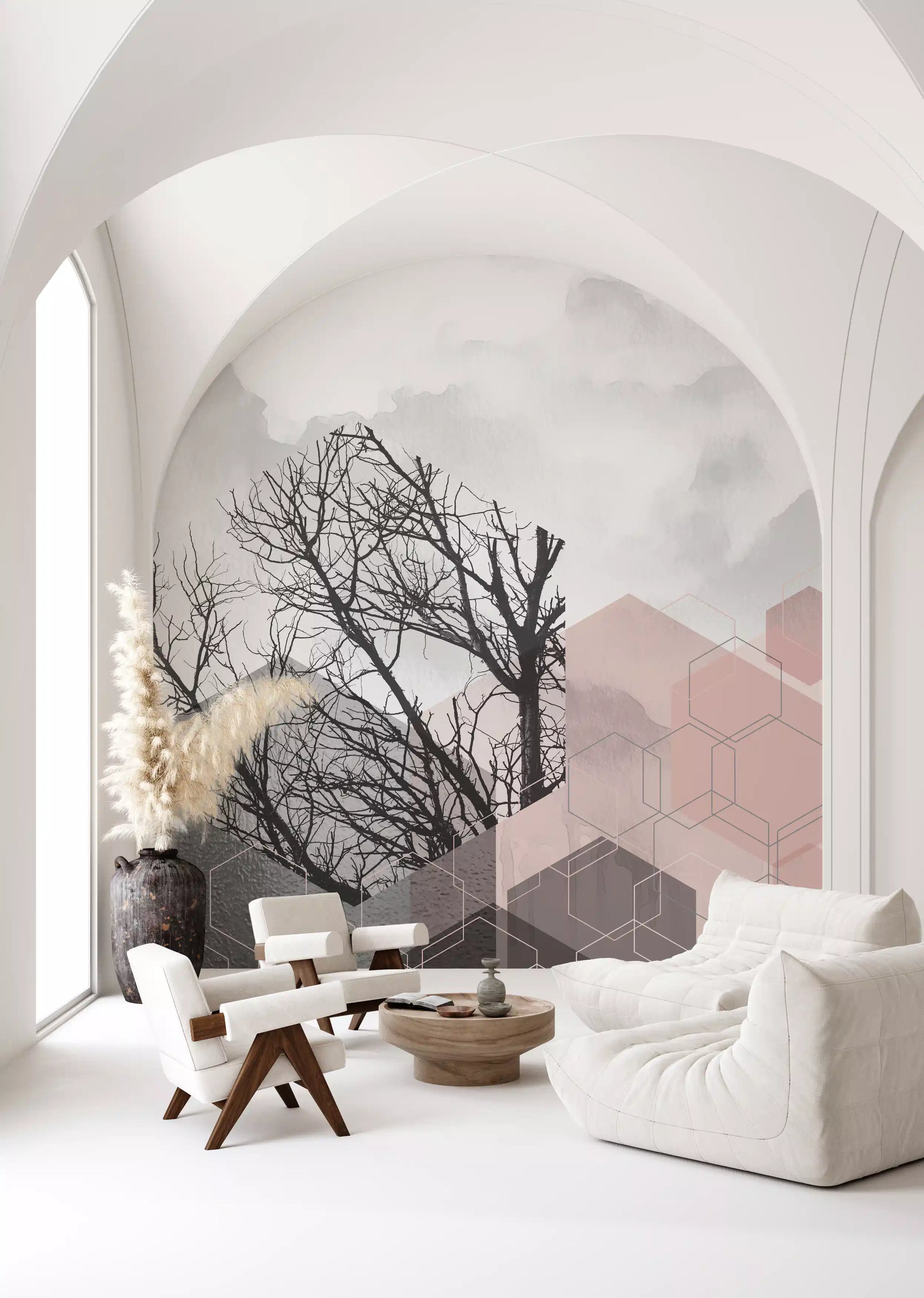 Geometric hexagon wall mural with bare tree silhouettes in blush and charcoal tones., GD10288