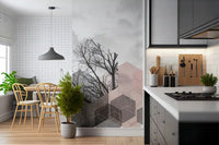 Soft watercolour sky background wall mural with bare trees and translucent hexagon pattern., GD10288