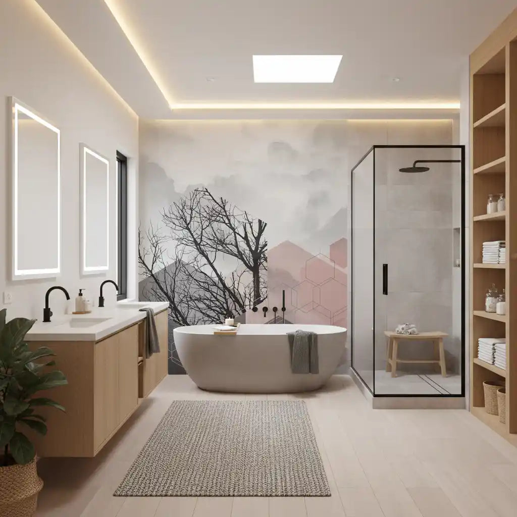 Wall mural with hexagons in pink, charcoal, and silver against a cloudy watercolour sky in bathroom., GD10288