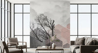 Mixed-fill hexagons mural in blush, charcoal, and silver layered over bare grove branches., GD10288