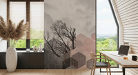 Bare tree branches wall mural in charcoal layered behind translucent hexagons in blush and silver., GD10288