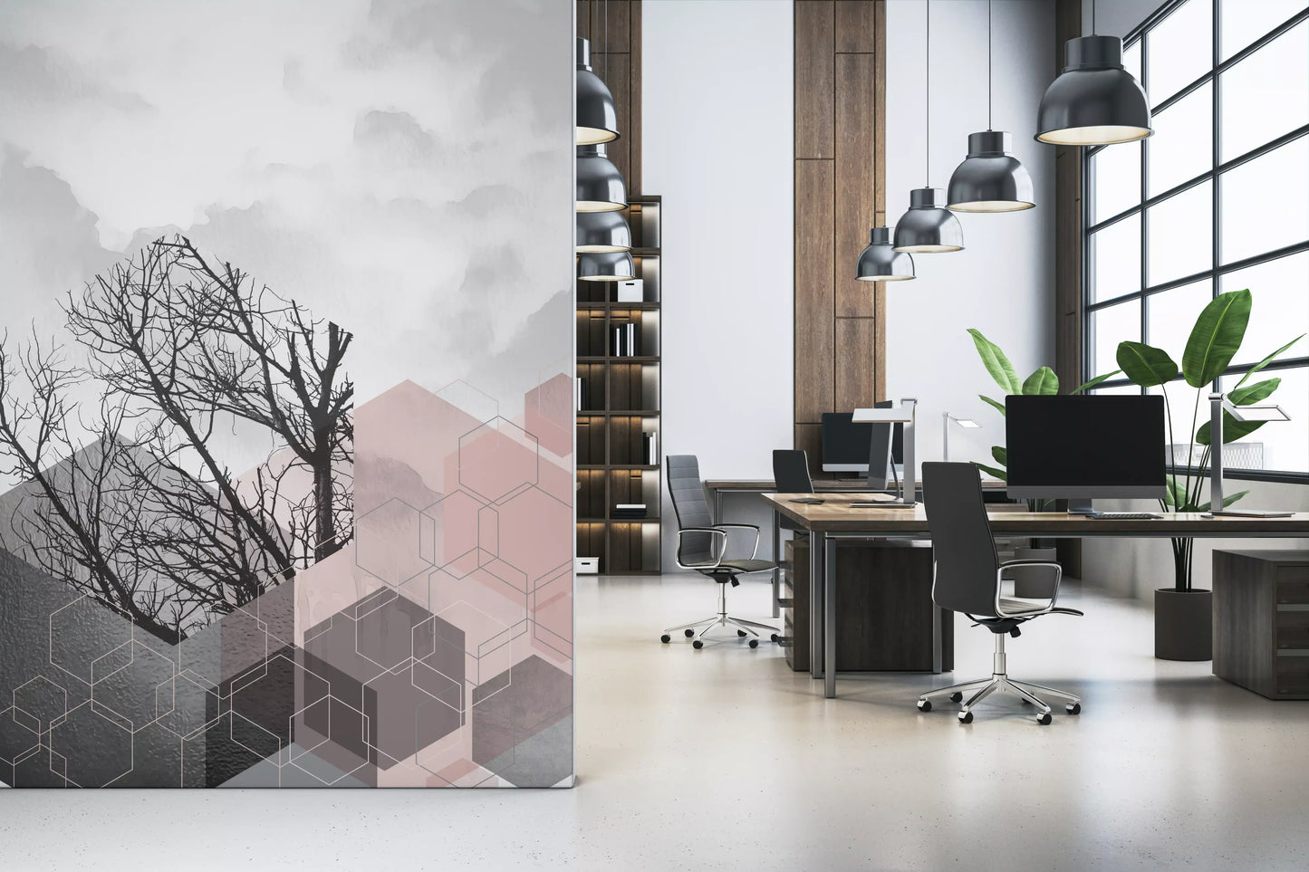 Geometric grove wall mural blending tree silhouettes with hexagonal outline shapes in office., GD10288