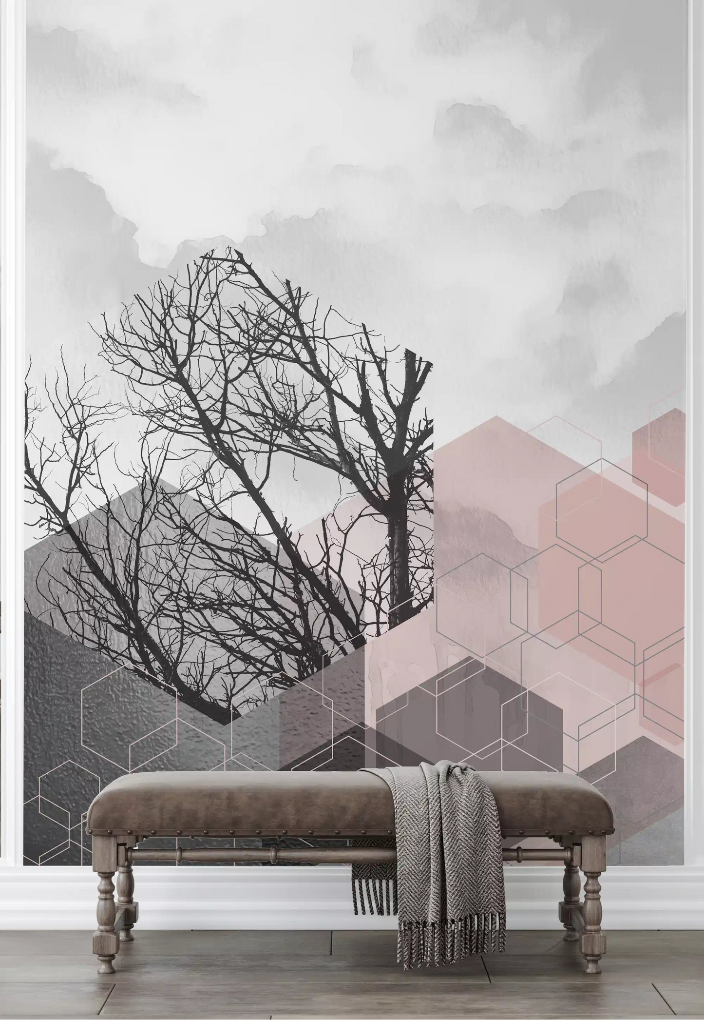 Hallway wall featuring bare tree and hexagon mural in blush, charcoal, and silver tones., GD10288