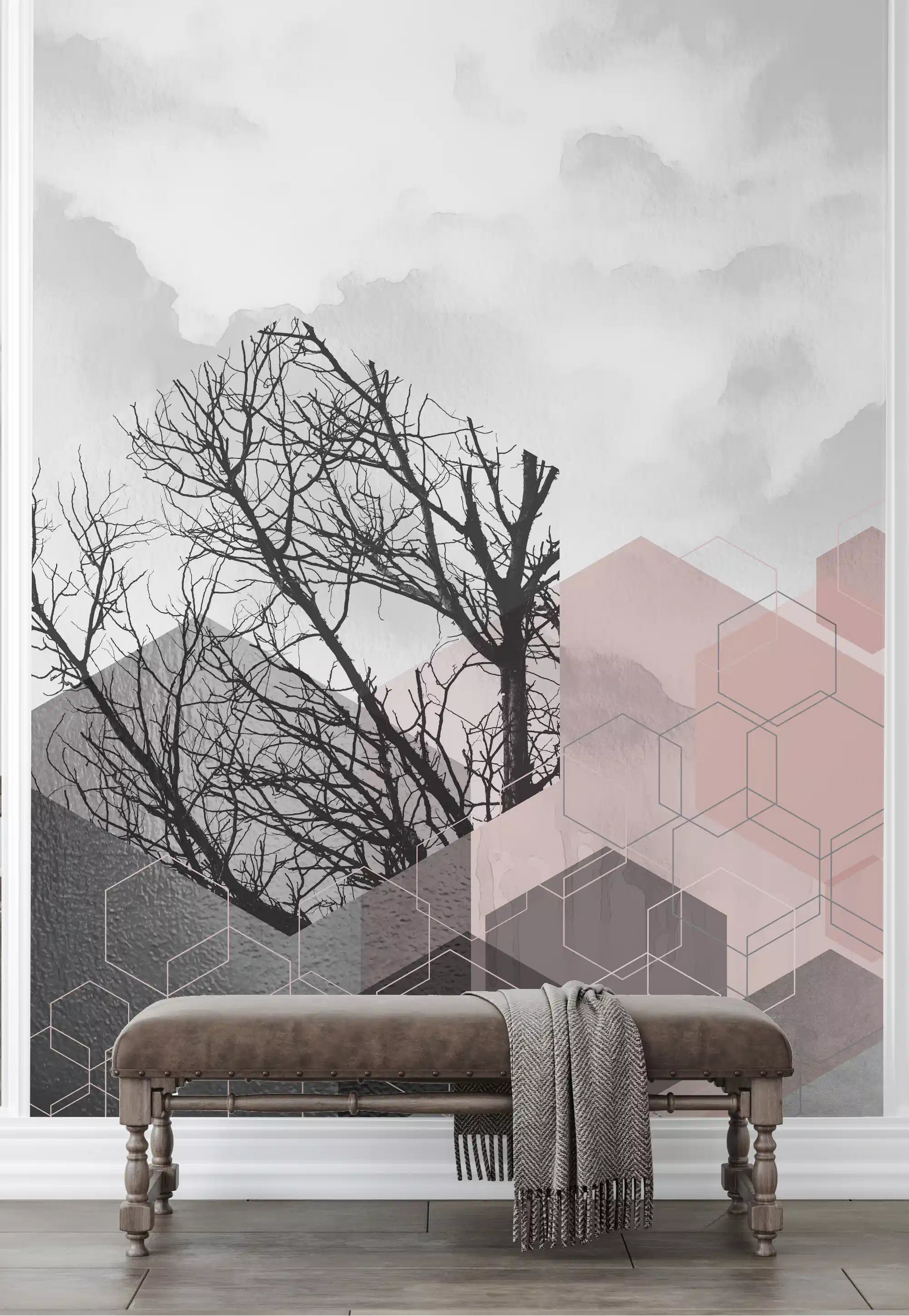 Hallway wall featuring bare tree and hexagon mural in blush, charcoal, and silver tones., GD10288