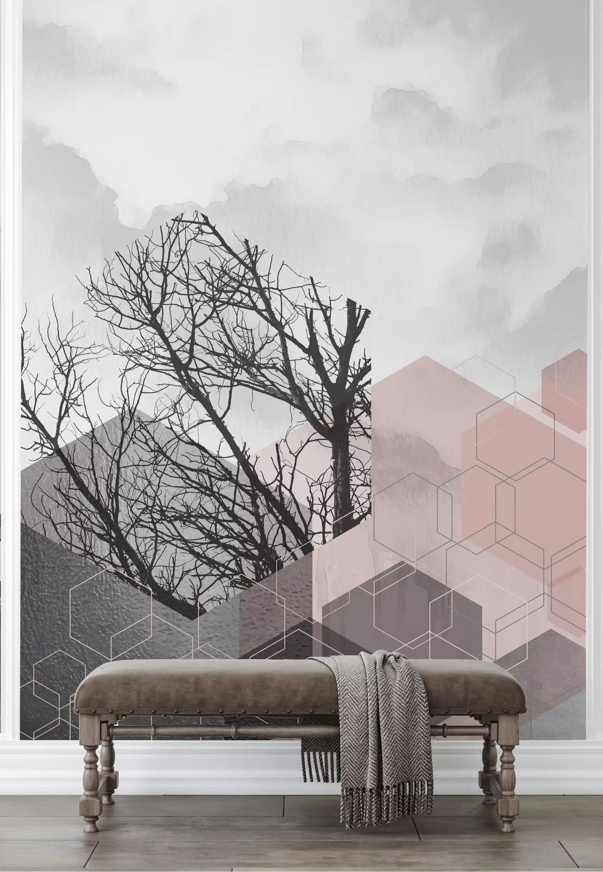 Hallway wall featuring bare tree and hexagon mural in blush, charcoal, and silver tones., GD10288