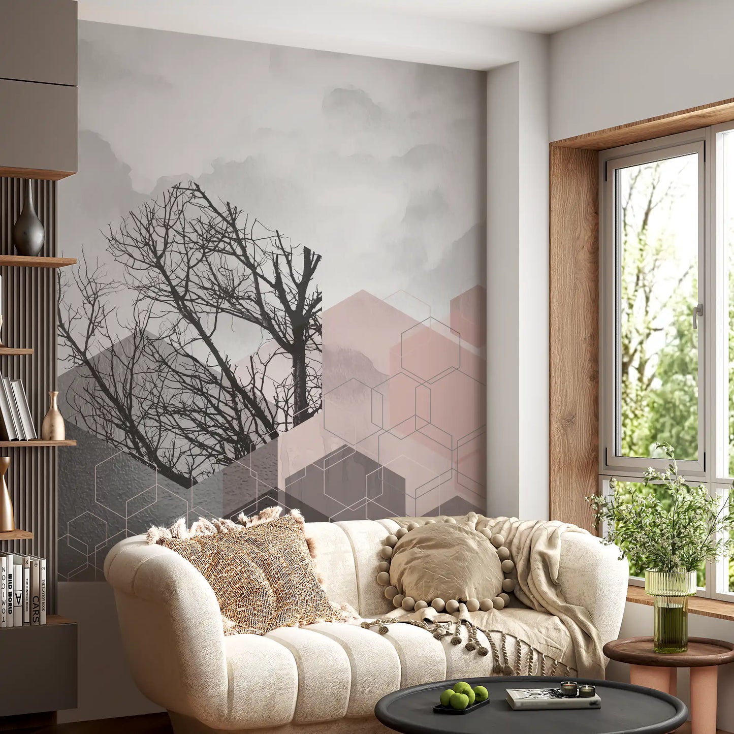 Living room wall styled with geometric hexagon tree mural in blush and charcoal., GD10288