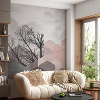 Living room wall styled with geometric hexagon tree mural in blush and charcoal., GD10288