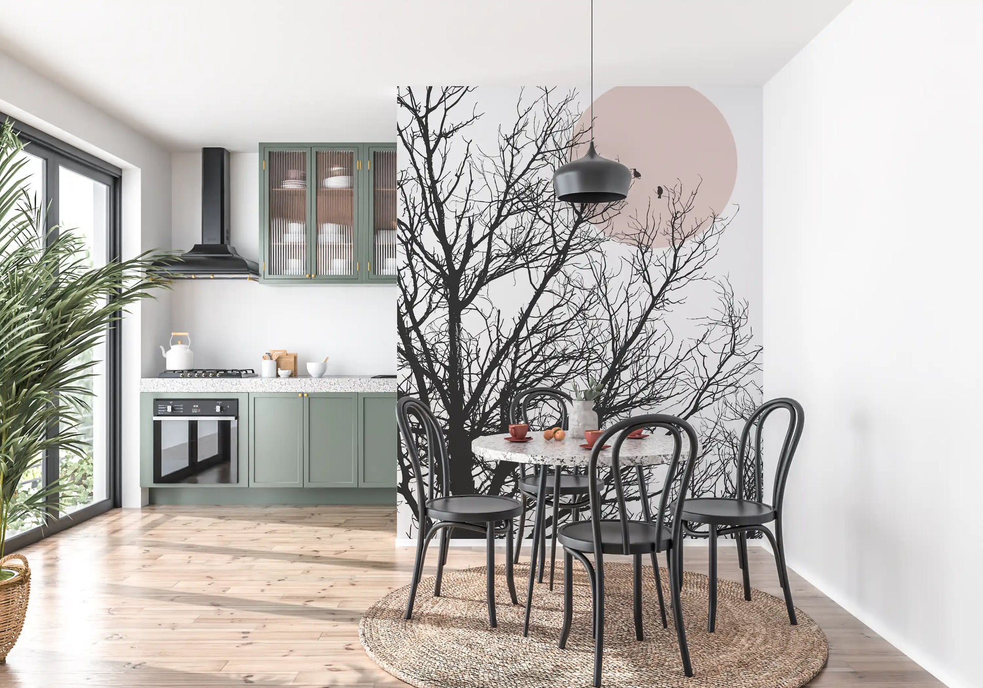 Charcoal tree silhouette wall mural with a small blush circle in the upper corner., GD10289