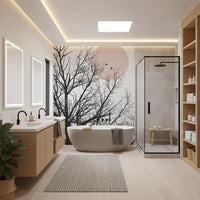 Minimal dawn mural with two bird silhouettes resting on a slim branch against pink., GD10289