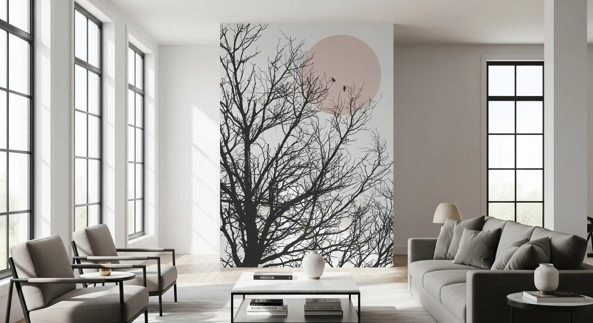 Bare tree branch wall mural with two birds perched under a soft blush sun., GD10289
