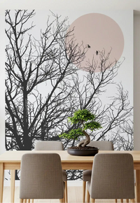 Dining room wall featuring bare branch and bird mural in charcoal with a blush sun., GD10289