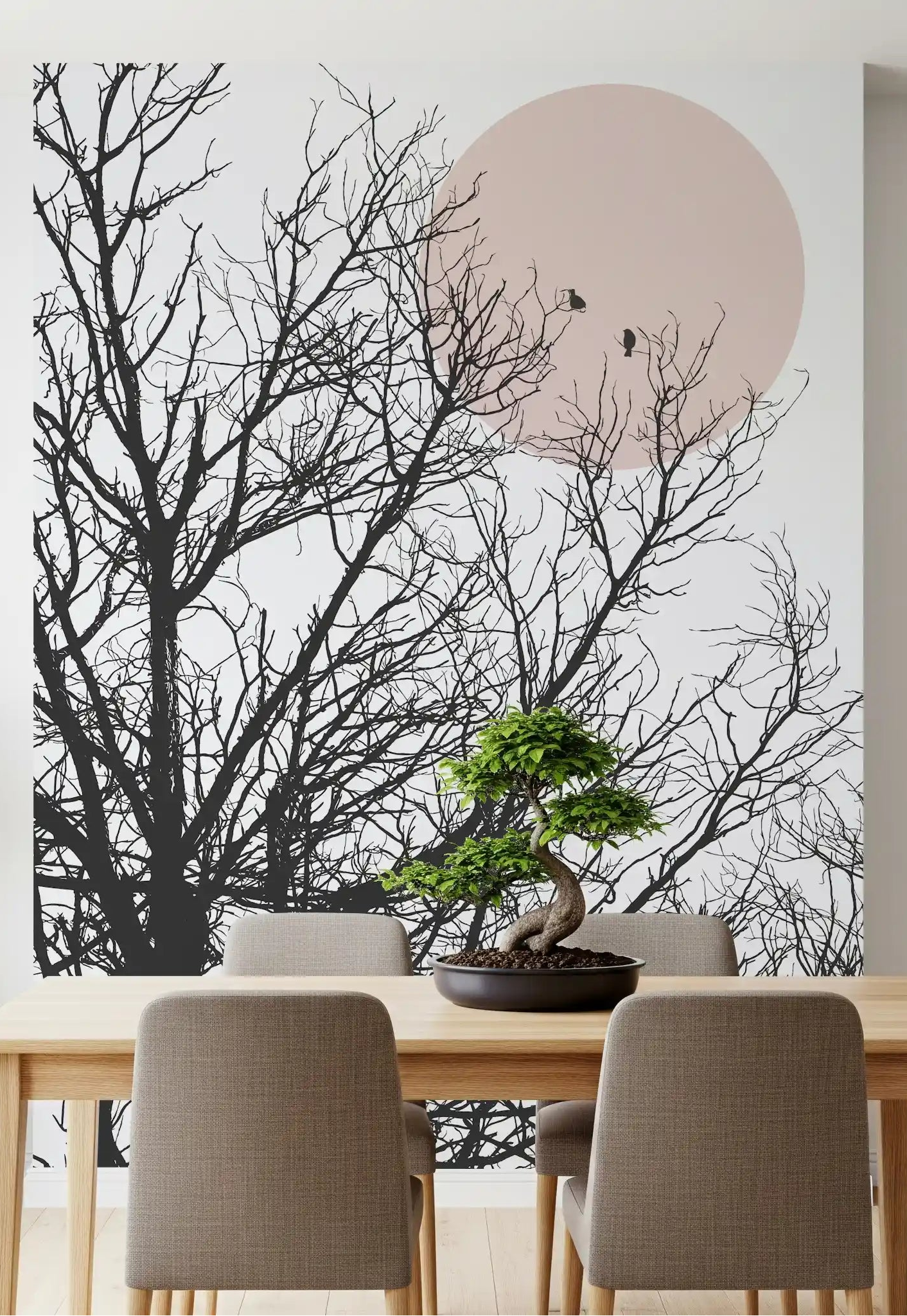 Dining room wall featuring bare branch and bird mural in charcoal with a blush sun., GD10289