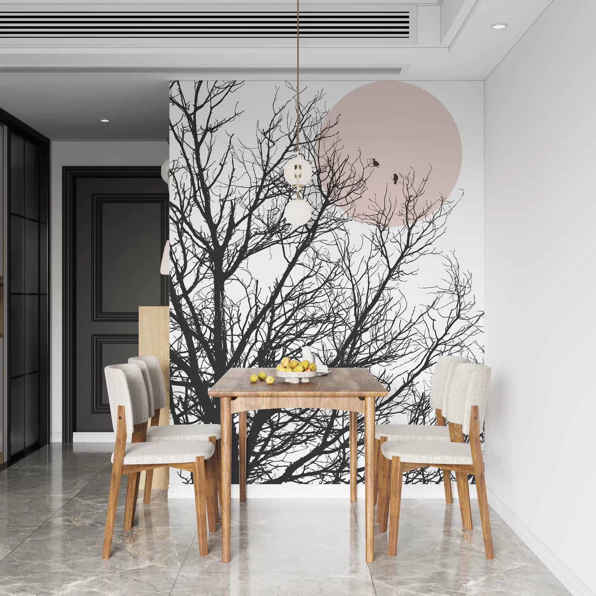 Wall mural with Fine charcoal twigs and two perched birds framed by a blush disc on cream., GD10289