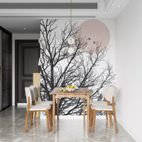 Wall mural with Fine charcoal twigs and two perched birds framed by a blush disc on cream., GD10289