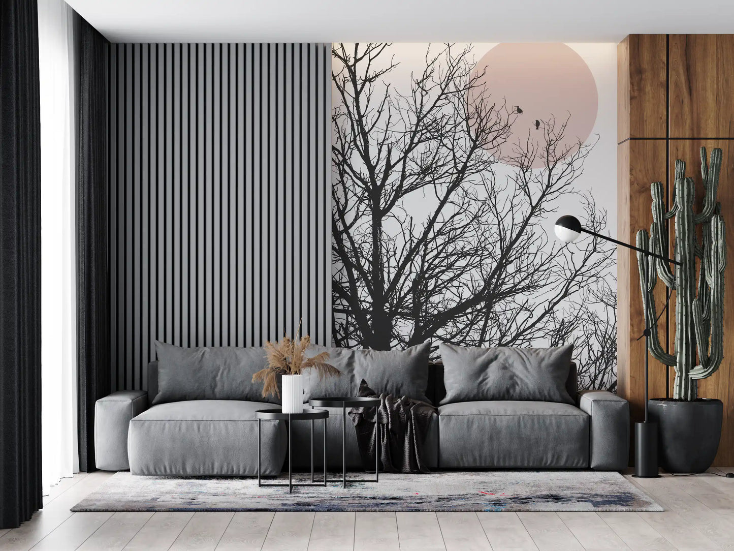 Conversation at dawn mural showing leafless winter branches against a pink sun disc., GD10289