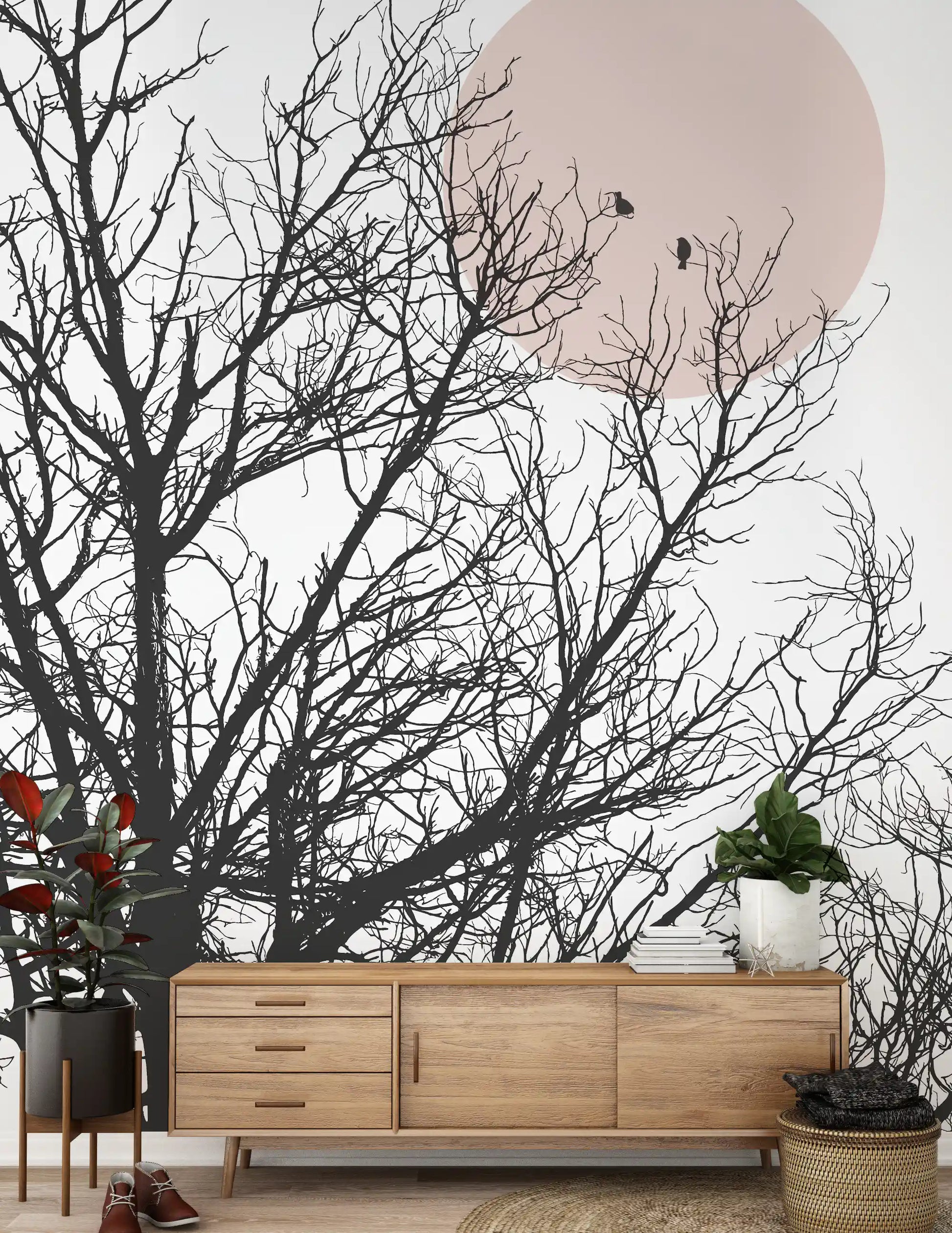 Quiet dawn wall mural with bare tree network and a single blush sun motif for hallway., GD10289