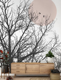 Quiet dawn wall mural with bare tree network and a single blush sun motif for hallway., GD10289