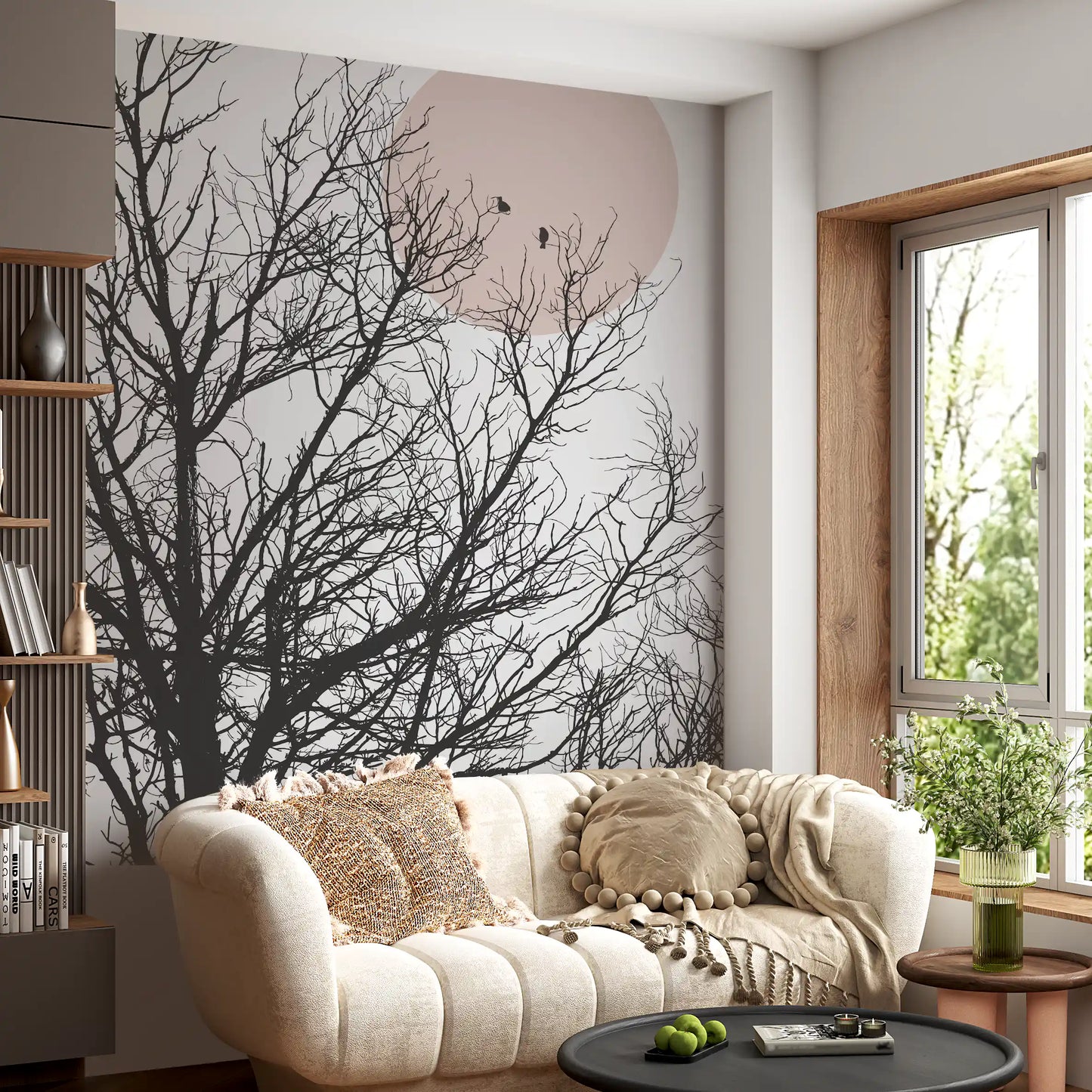 Living room wall mural showing Bare winter branches fanning across a cream backdrop with rose-tinted sun., GD10289